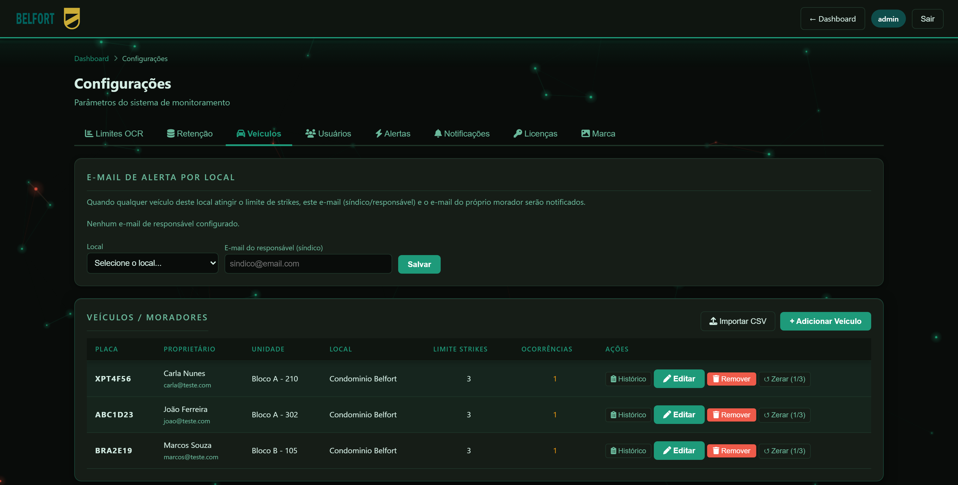 Tela de gestão de veículos e condutores do RADAR PRO, com cadastro, limite de advertências e ocorrências por veículo